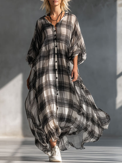 V-neck Button-down Plaid Print Chiffon Short-sleeved Maxi Dress