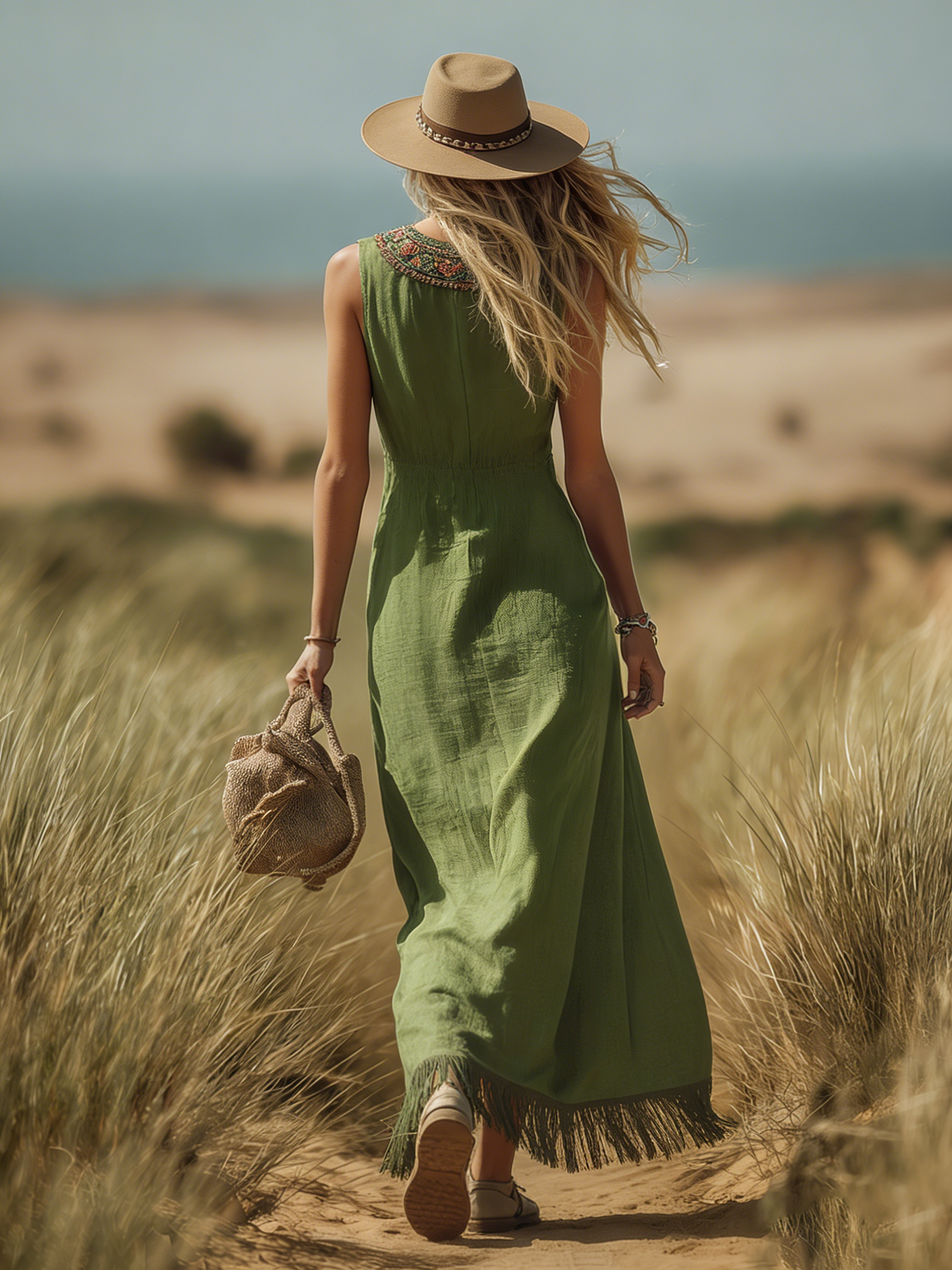 Bohemian Ethnic Style V-neck Sleeveless Embroidered Tassel Maxi Dress