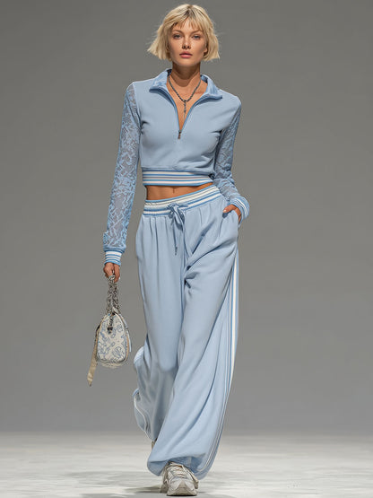 Lace Long-sleeved Zip-up Cropped Top And Wide-leg Pants Set