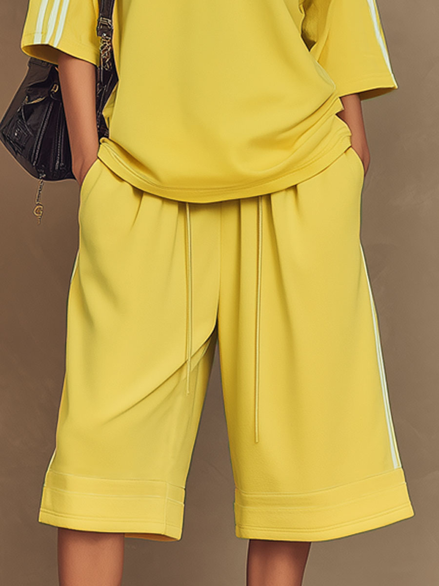 Sporty Retro Yellow Ribbon Crew Neck Short-Sleeve T-Shirt And Shorts Set