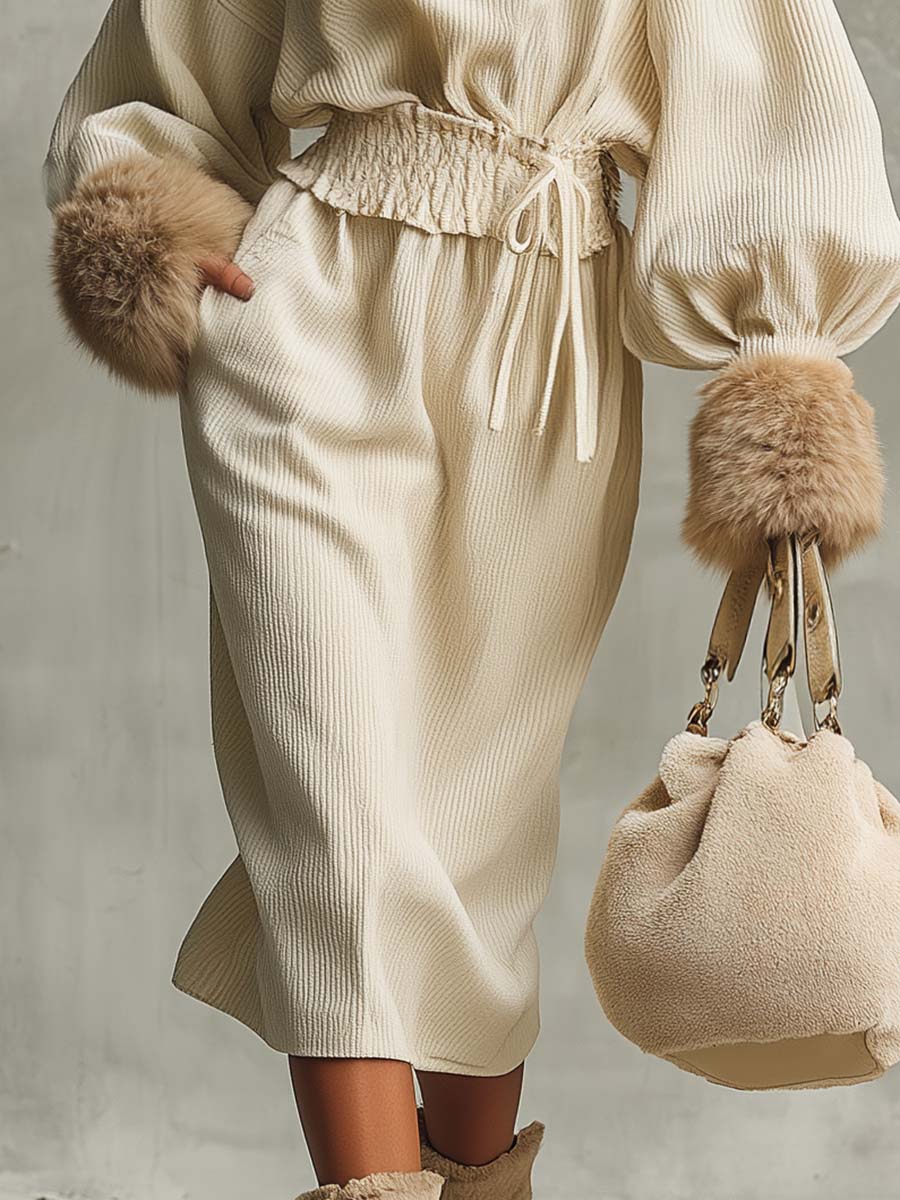 Elegant Exquisite Round Neck Ruffled Waist Detachable Faux Fur Cuffs Cream Corduroy Midi Dress