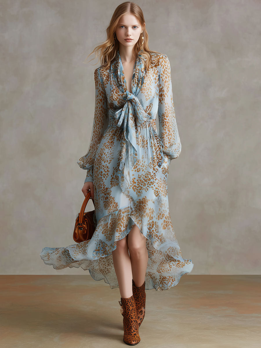 Fashionable Retro Leopard Print Light Blue Chiffon Long-sleeved Midi Dress