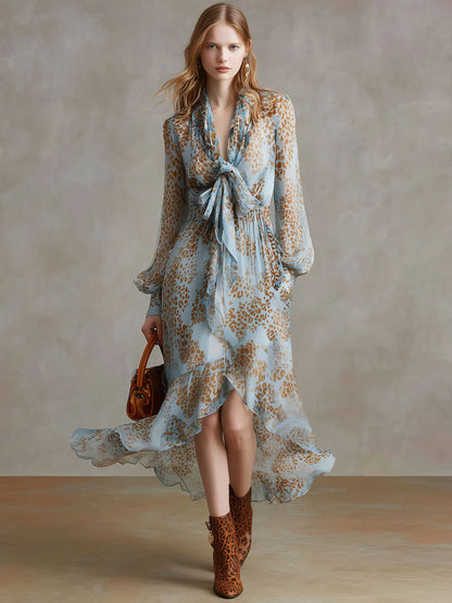 Fashionable Retro Leopard Print Light Blue Chiffon Long-sleeved Midi Dress