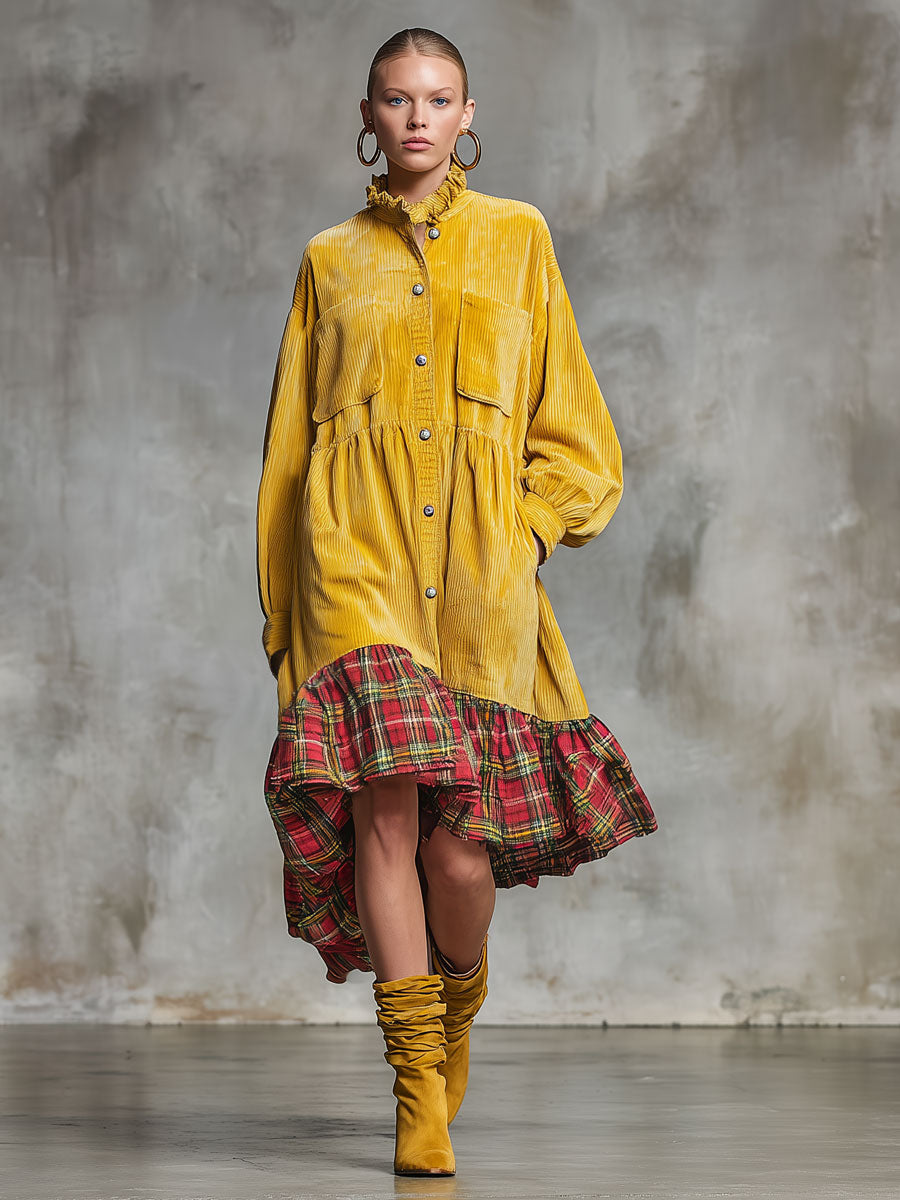 Fashionable Retro Plaid Floral Yellow Corduroy Long-sleeved Midi Dress