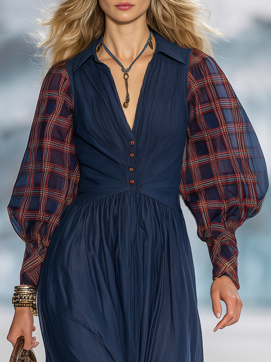 Retro-chic Red Plaid Sheer-sleeved Blue Tencel Maxi Dress