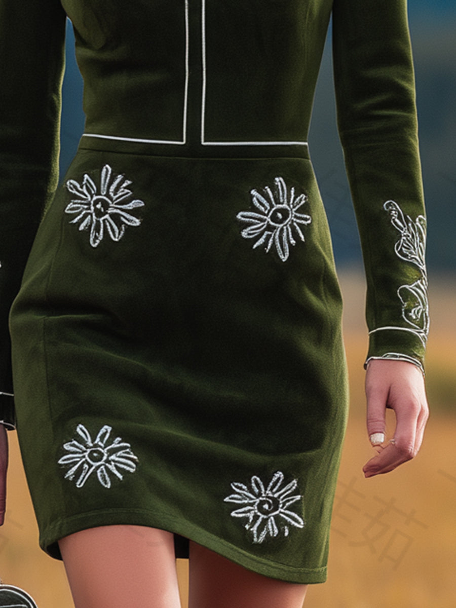 Vintage Green Faux Suede Western Embroidered Mimi Dress