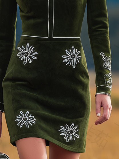 Vintage Green Faux Suede Western Embroidered Mimi Dress