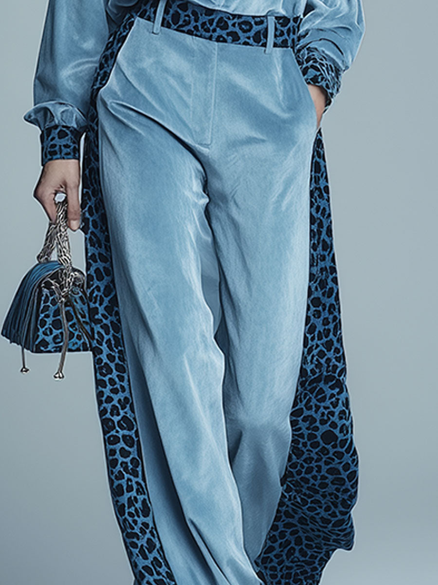 Sporty Retro Leopard Print Blue Velvet Zip-up Top And Wide-leg Pants Set