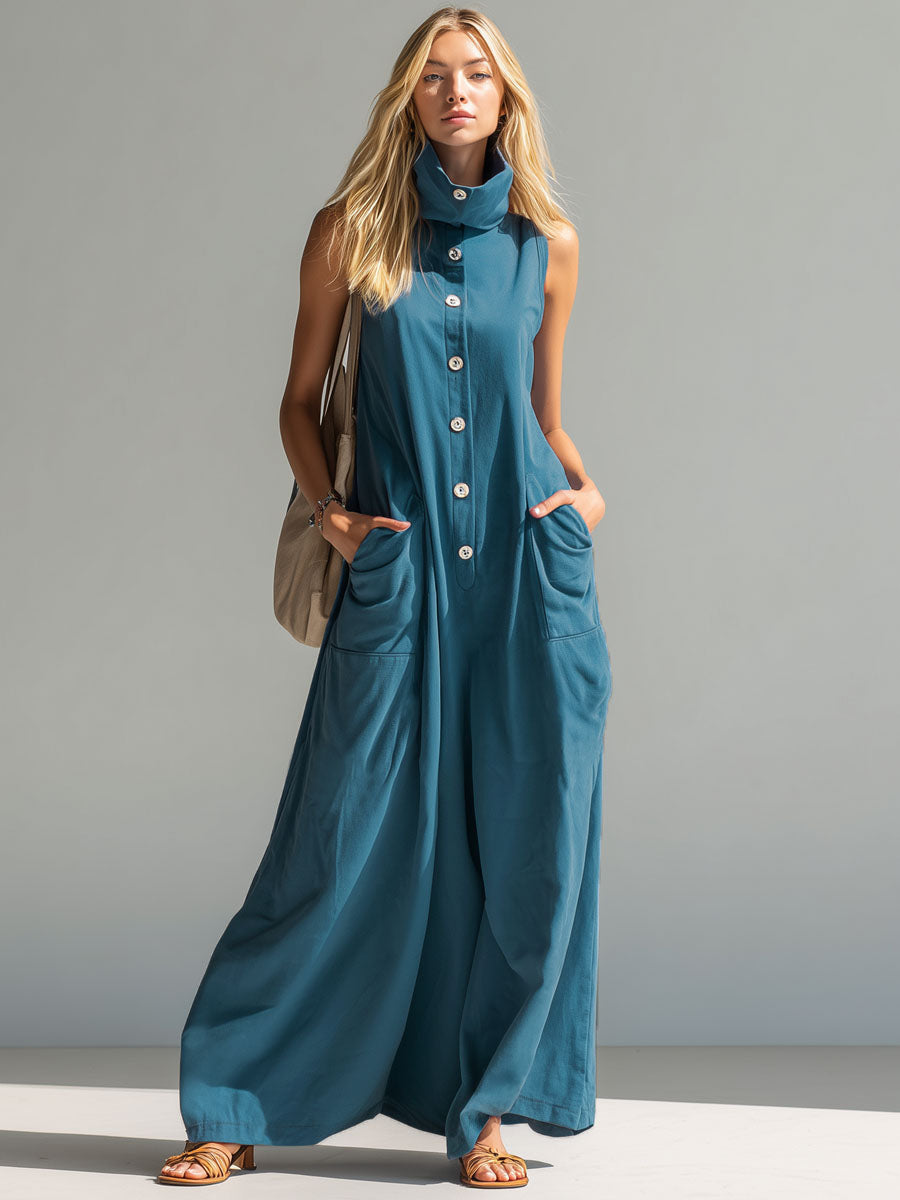 Loose-fitting High-neck Button-front Double-pocket Sleeveless Maxi Dress