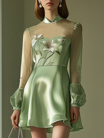 Elegant and Sexy Saga Green See-through Collar Embroidered Mini Dress