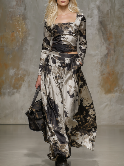 Stylish Splatter Print Square Neck Top And Skirt Set