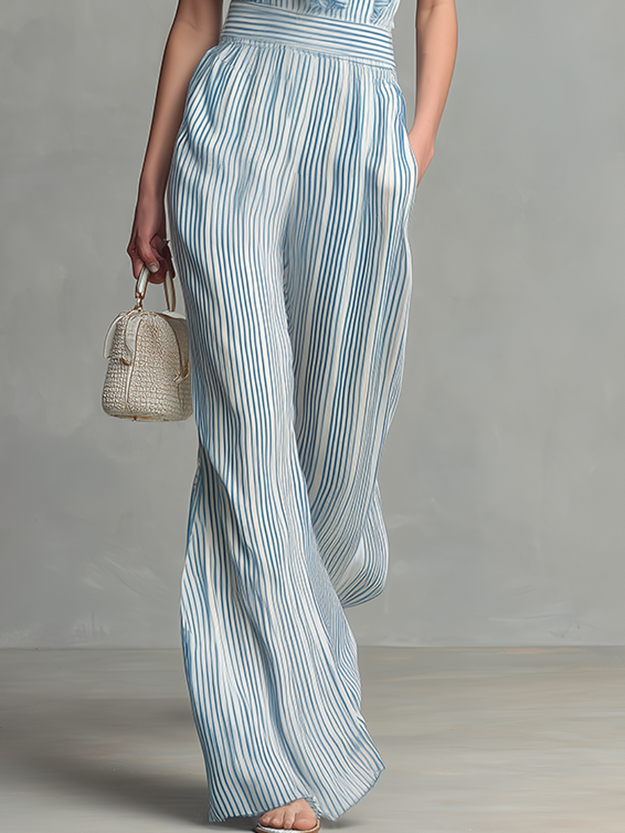 Stylish And Casual Ruffled V-neck Sleeveless Top And Trousers Set