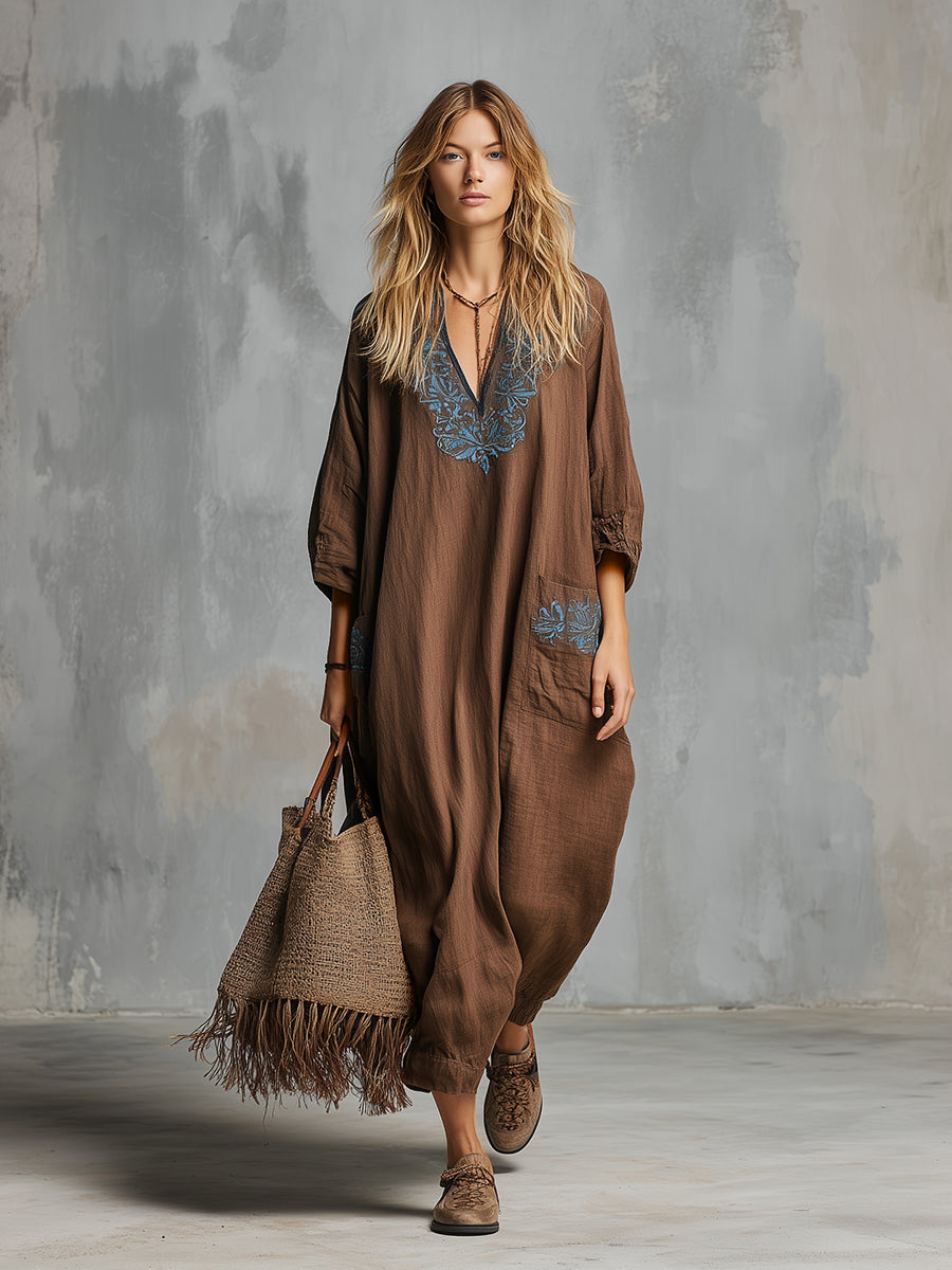 Classic And Simple Embroidered Brown Cotton And Linen Maxi Dress