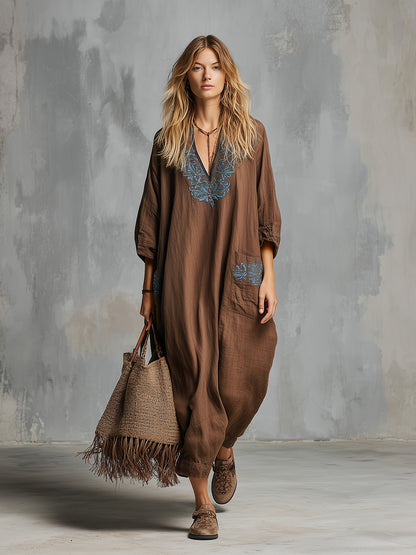 Classic And Simple Embroidered Brown Cotton And Linen Maxi Dress