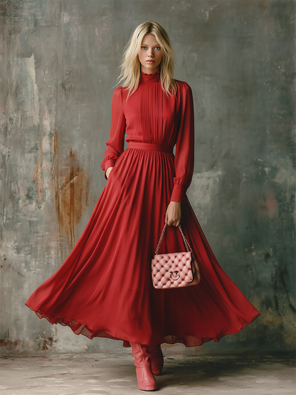 Elegant Stand Collar Long Sleeve Chiffon Maxi Dress