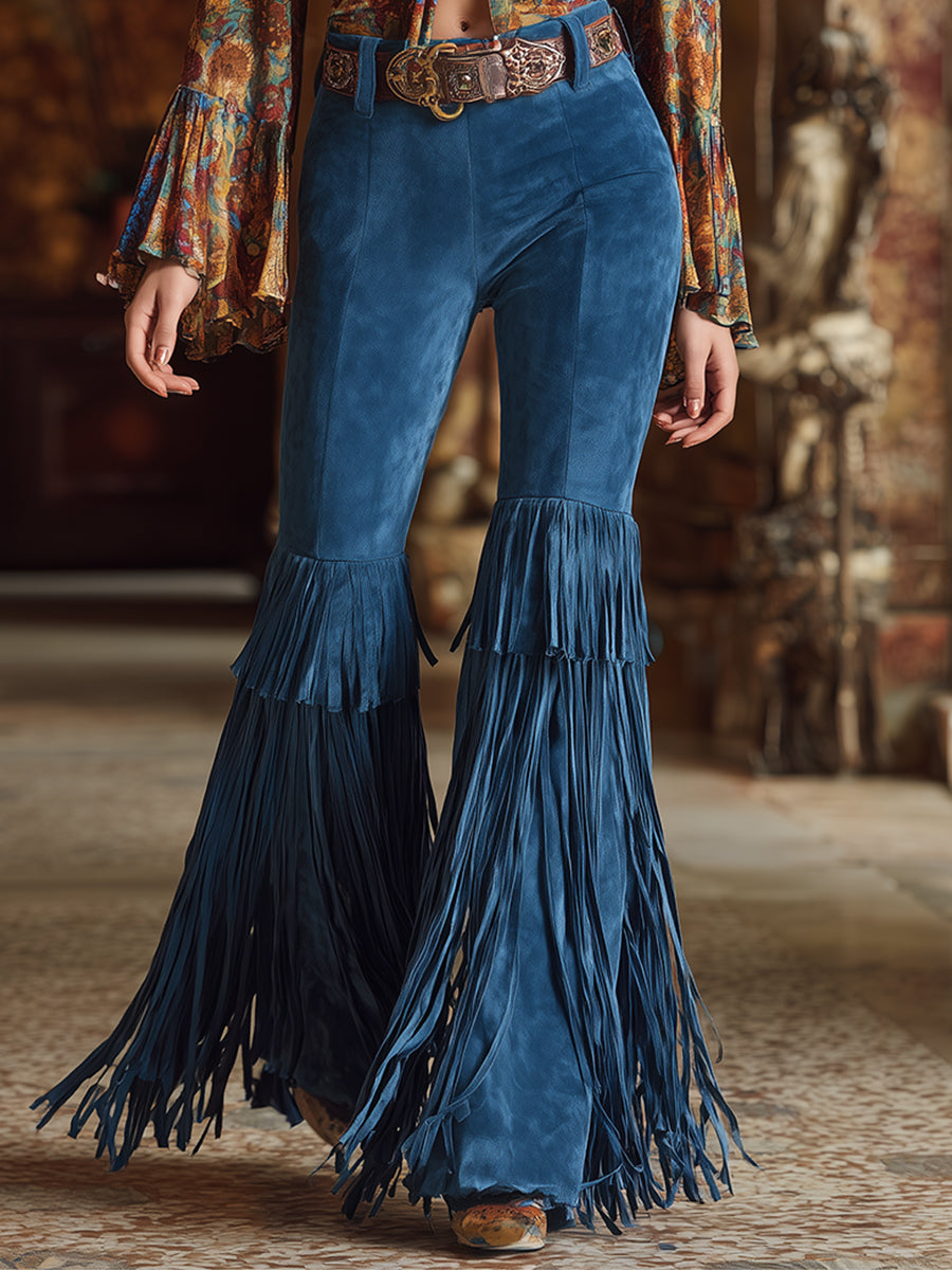 Trendy Retro Blue Double-layered Fringed Faux Suede Pants