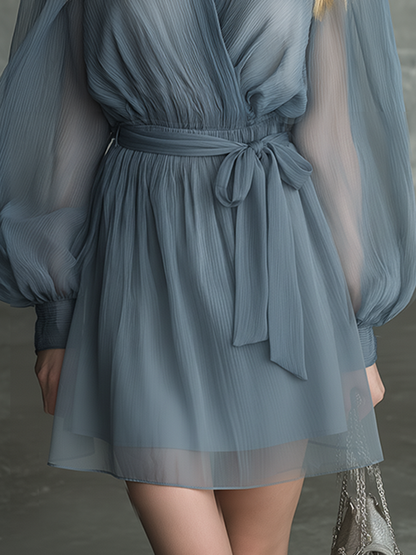 Beautiful And Stylish Cross-neck Long-sleeved A-line Chiffon Mini Dress