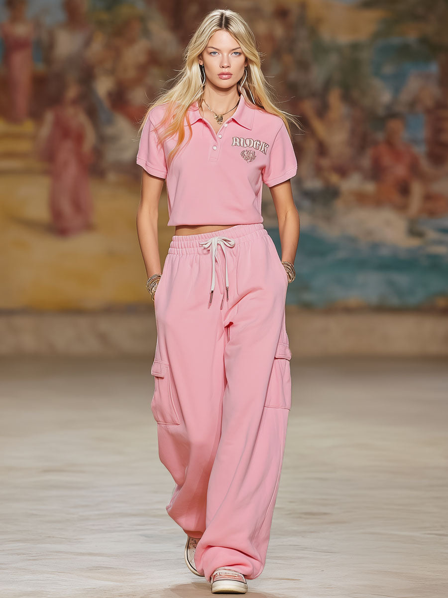 Sporty Style Short-sleeved Top And Trousers Set