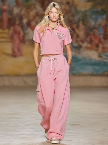 Sporty Style Short-sleeved Top And Trousers Set