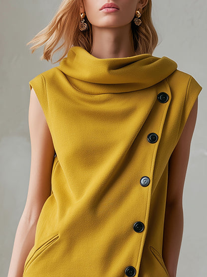 Stylish And Casual Yellow Turtleneck Button-down Cotton Mini Dress