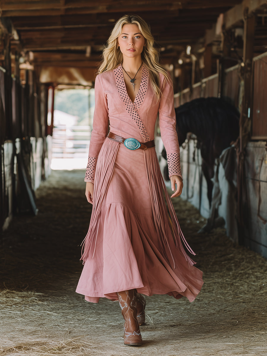 Western-style Pink Faux Suede Patchwork Polka Dot Tassel Maxi Dress