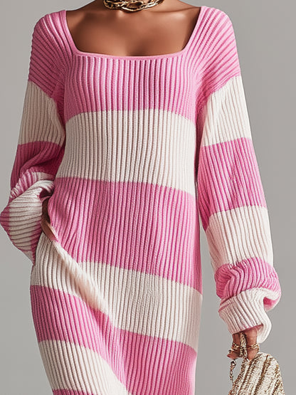 Elegant Pink And White Knit Square Neck Slit Maxi Dress