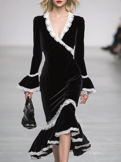 Simple And Stylish White Lace-trimmed Black Ruffled Fishtail Midi Dress