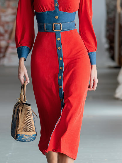 Casual Western Red Patchwork Denim Midi Dress
