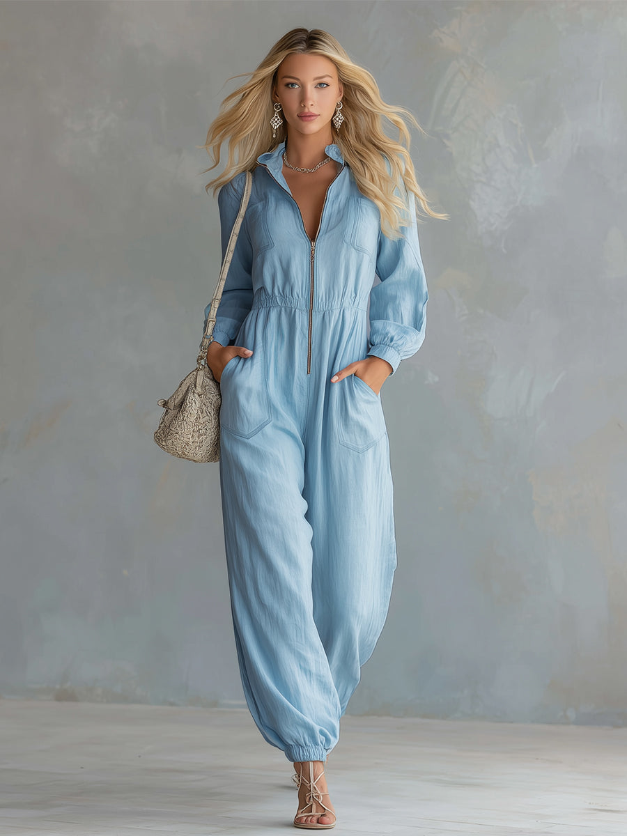 Elegant Urban Style Front-zip Light Blue Cotton And Linen Long-sleeved Jumpsuit
