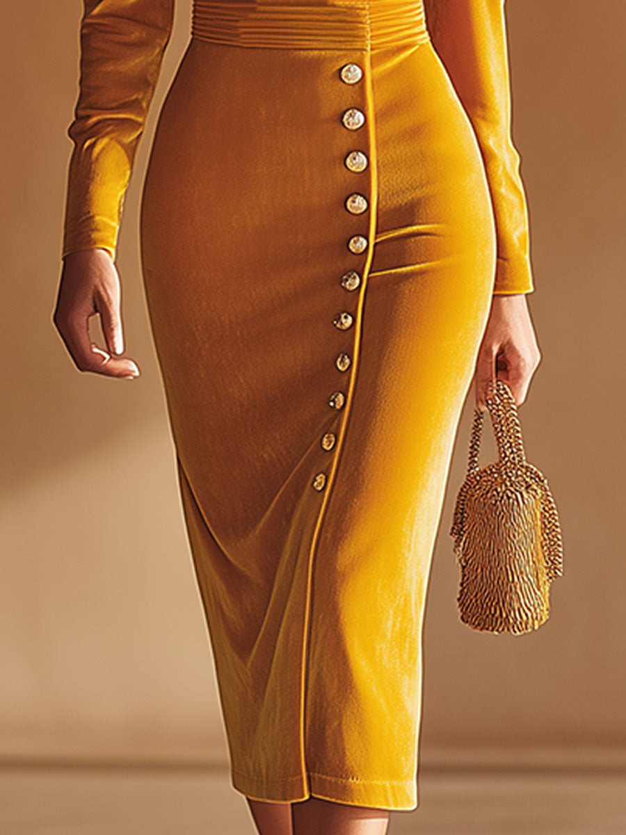 Elegant Retro Yellow V-neck Velvet Midi Dress