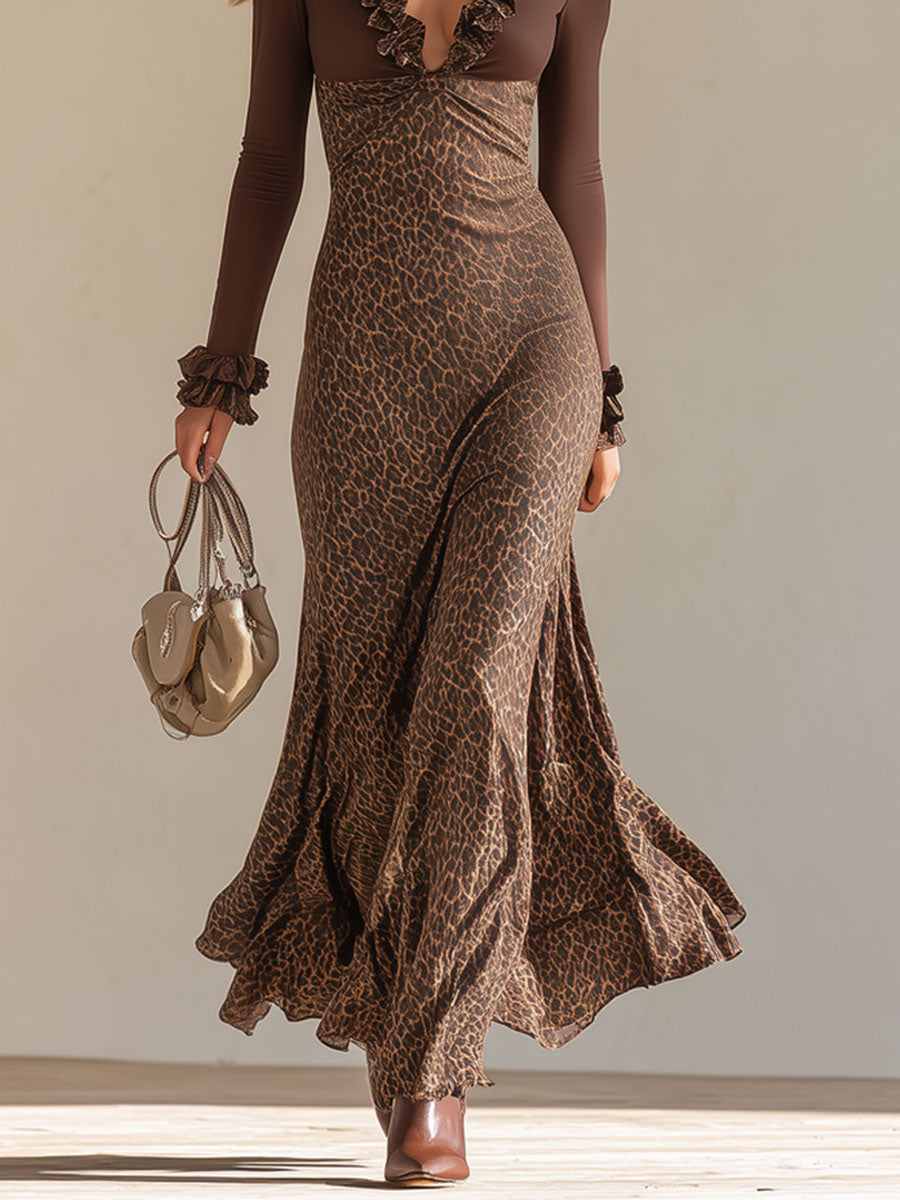 V-neck Ruffled Trim Leopard Print Long-sleeved Maxi Dress