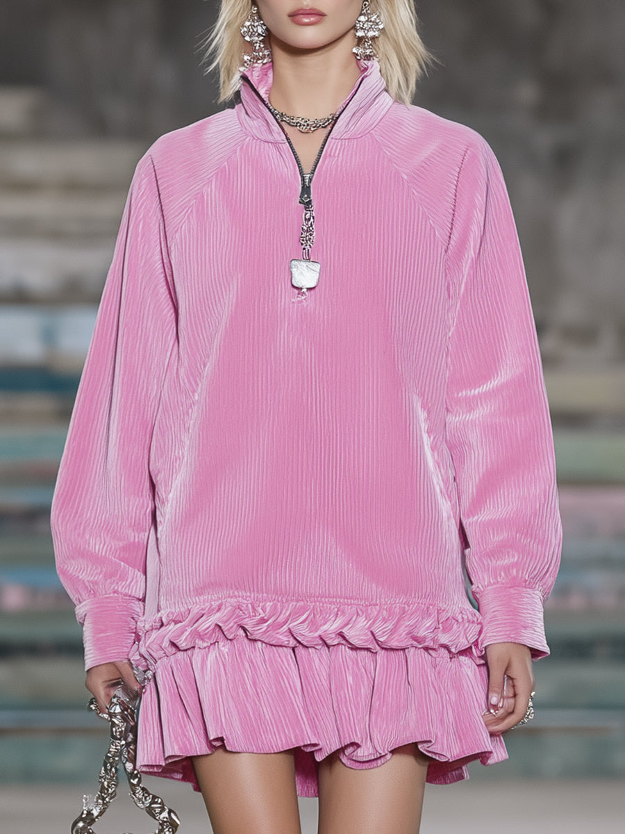 Western Pink Corduroy Zip-up Ruffle Mini Dress