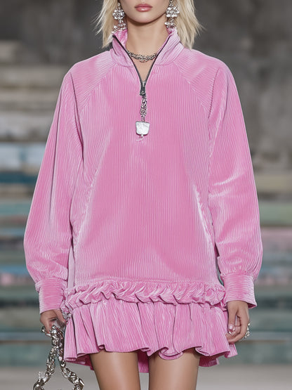 Western Pink Corduroy Zip-up Ruffle Mini Dress