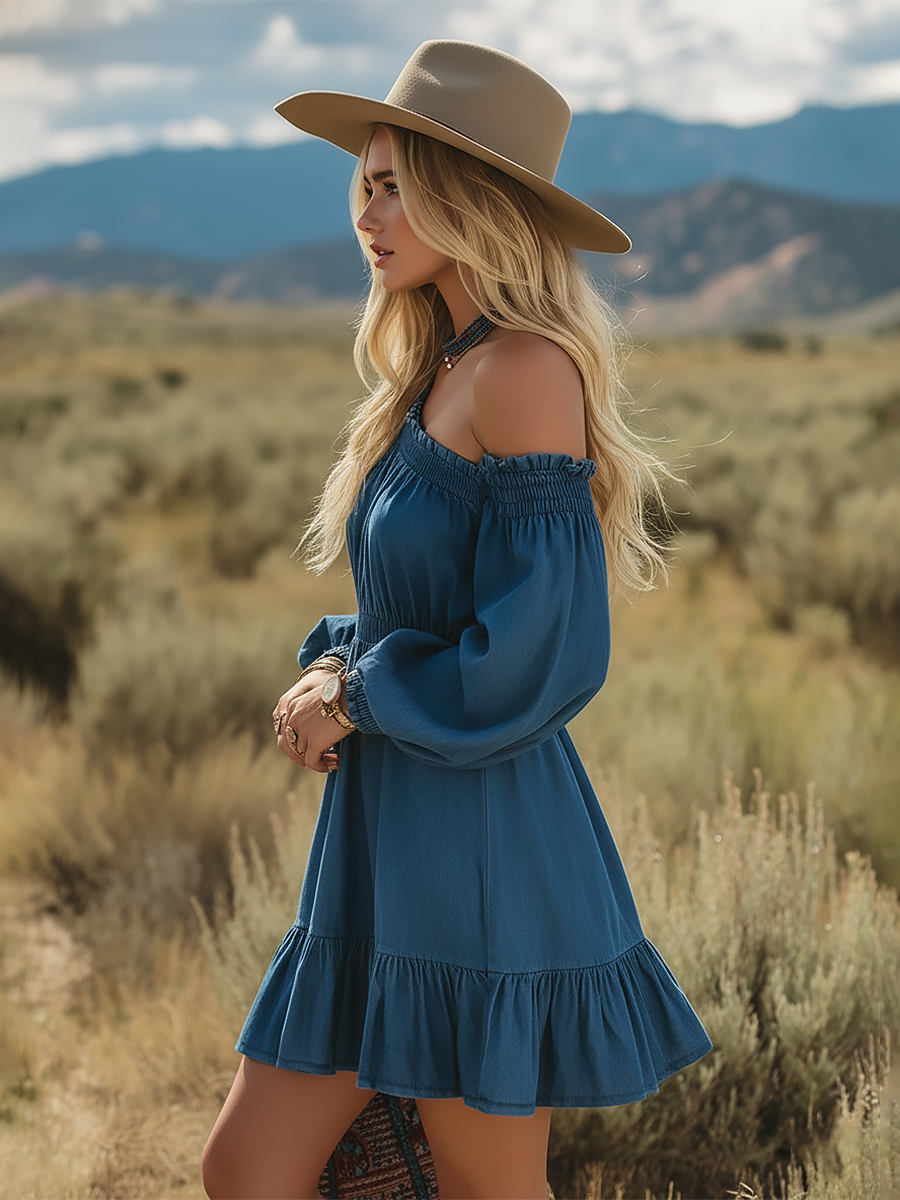 Vintage Single-shoulder Long-sleeved Ruffled Denim Mini Dress