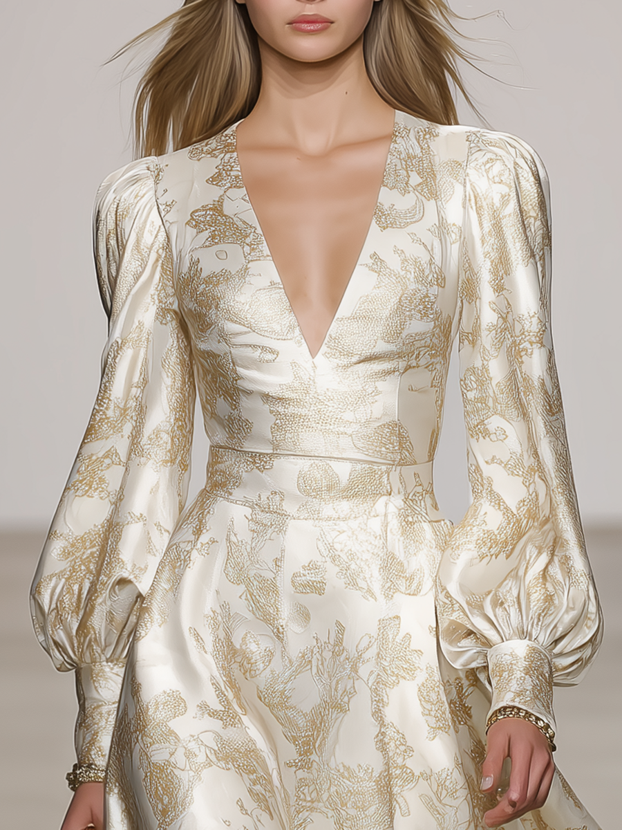 Stylish Elegant V-neck Lantern Sleeve Satin Midi Dress