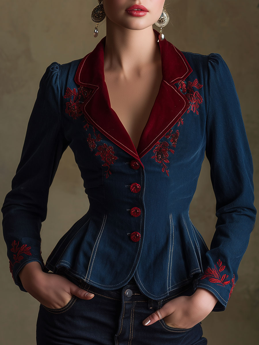 Retro Velvet Lapel Embroidered Dark Blue Denim Fitted Ruffled Blazer