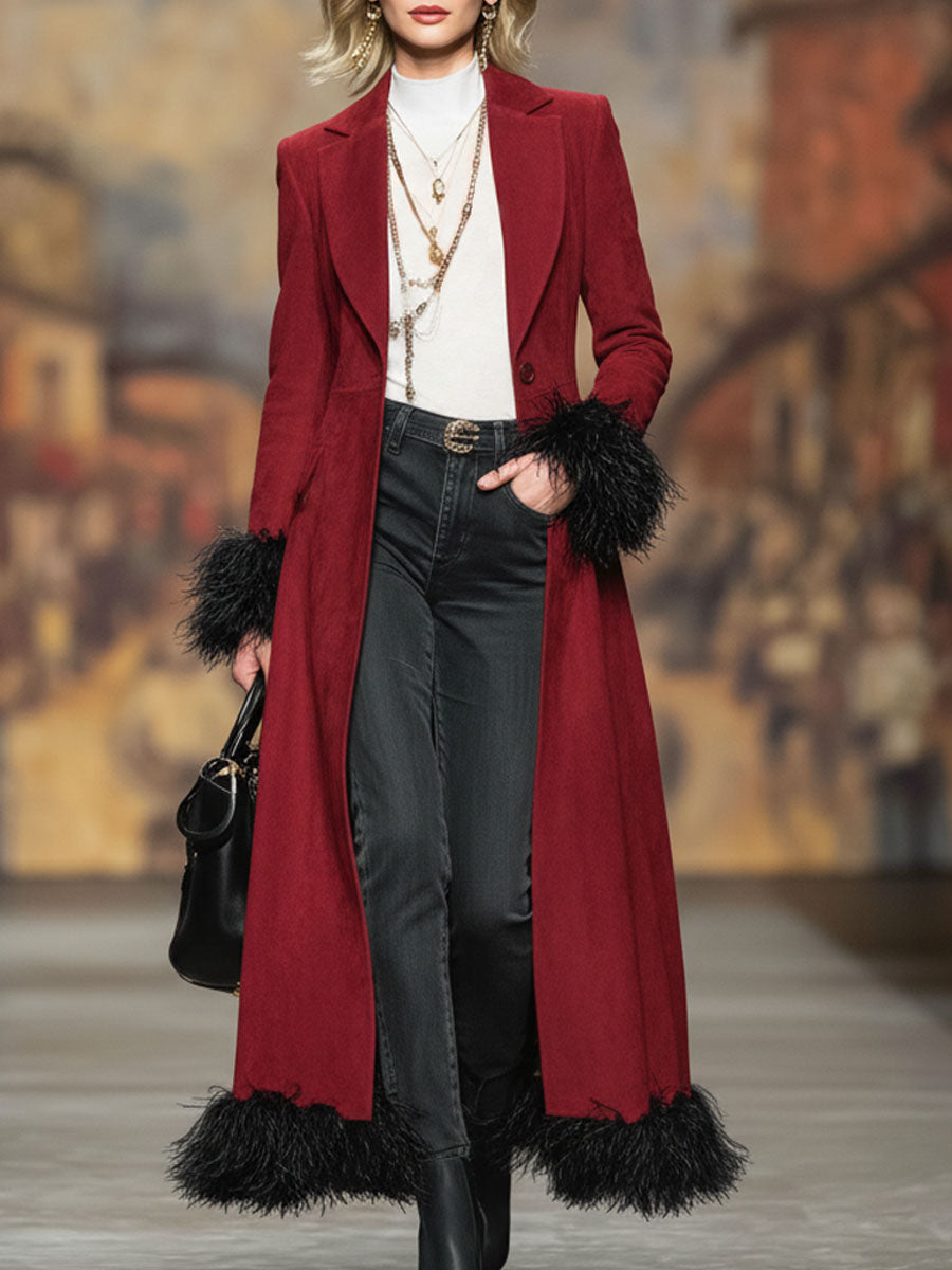 Lapel Color-blocked Feather Single-breasted Faux Suede Coat