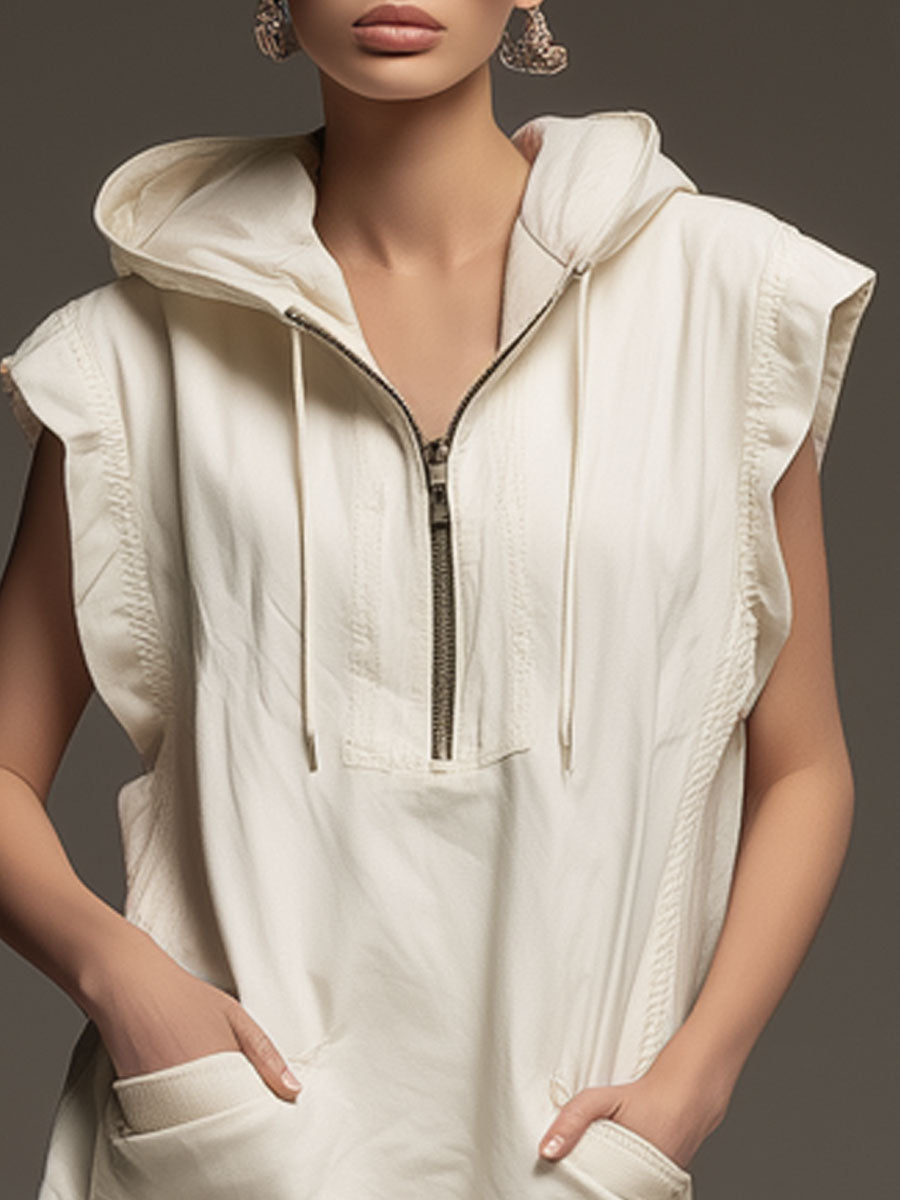 Casual Retro Lace Ruffled Off-white Tencel Denim Hooded Mini Dress