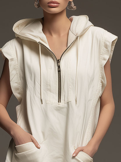 Casual Retro Lace Ruffled Off-white Tencel Denim Hooded Mini Dress