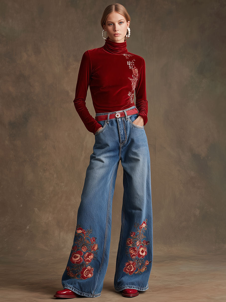 Casual Retro Floral Embroidered High-Neck Red Velvet Long-Sleeve T-Shirt