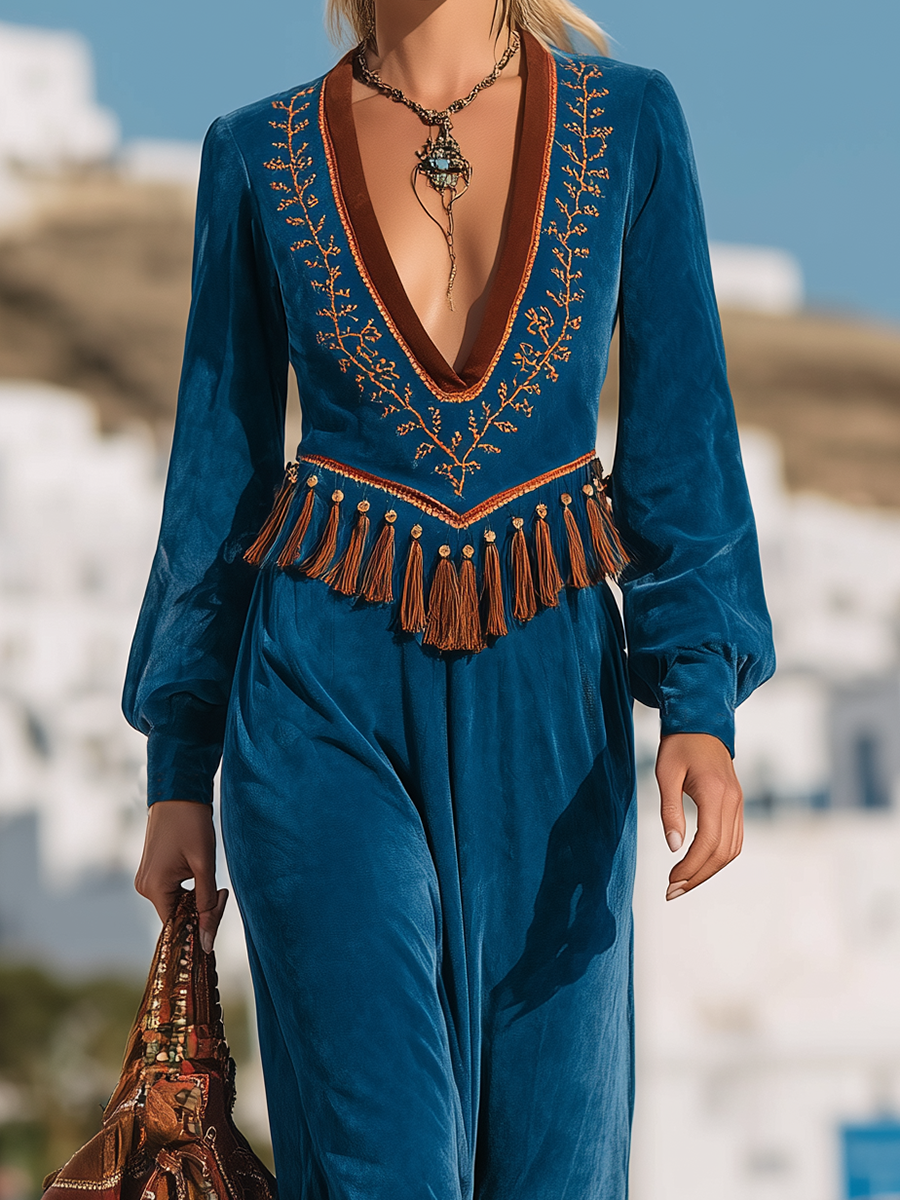 Retro Western Style V-Neck Embroidered Tassel Faux Suede Midi Dress