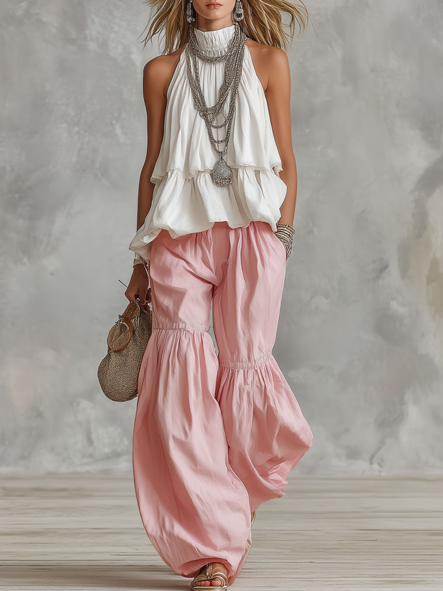 Cotton Turtleneck Sleeveless Top And Pants Set