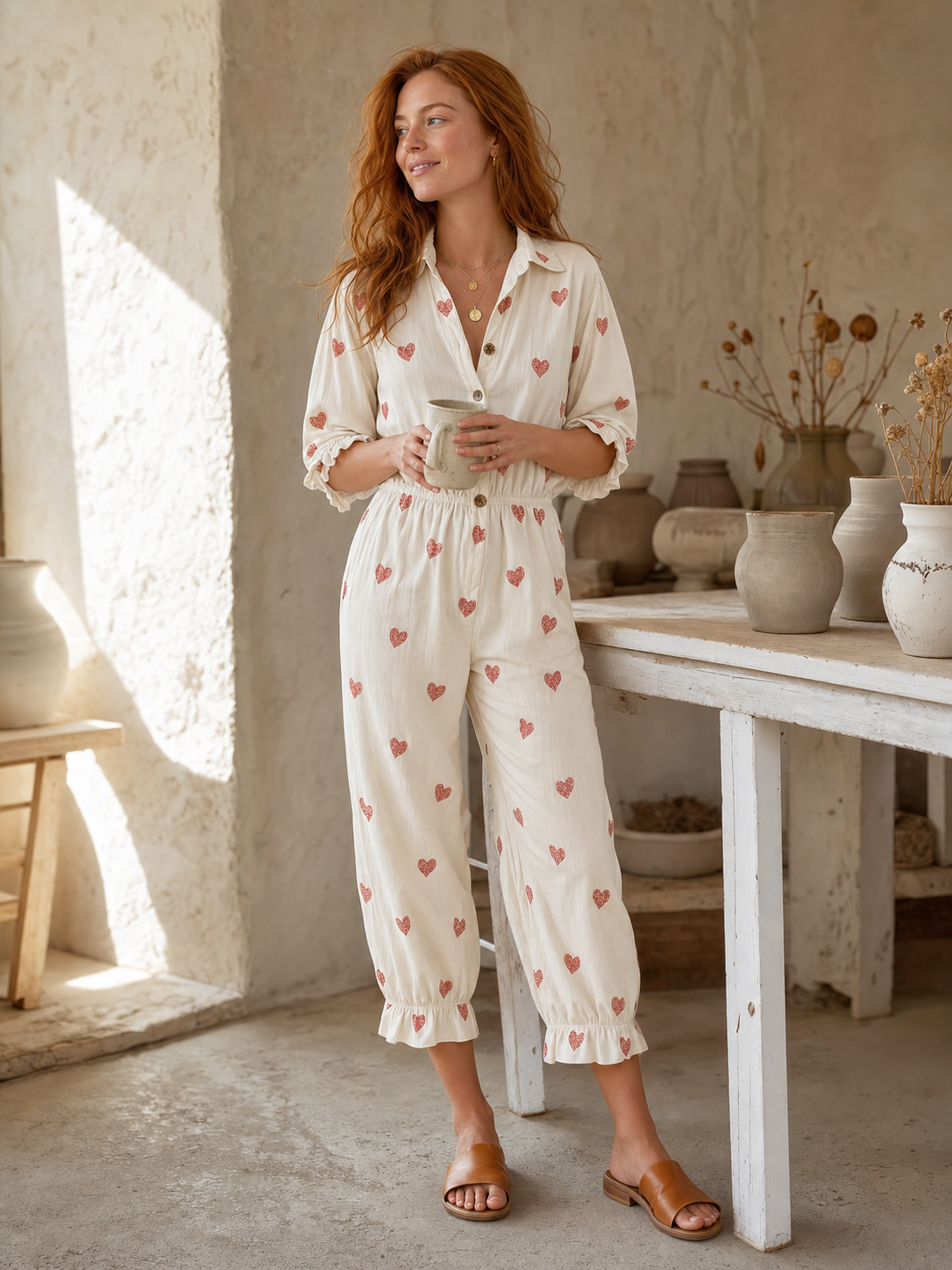 Retro Lazy V-neck Front Button Closure Heart Pattern Ivory Cotton-linen Jumpsuit