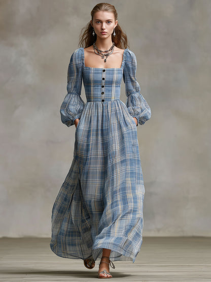 Western Retro Long-Sleeved Blue And White Checkered Chiffon Maxi Dress