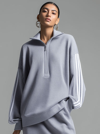 Sporty Retro Webbing Blue-grey Knit Half-zip Sweatshirt And Slit Skirt Set