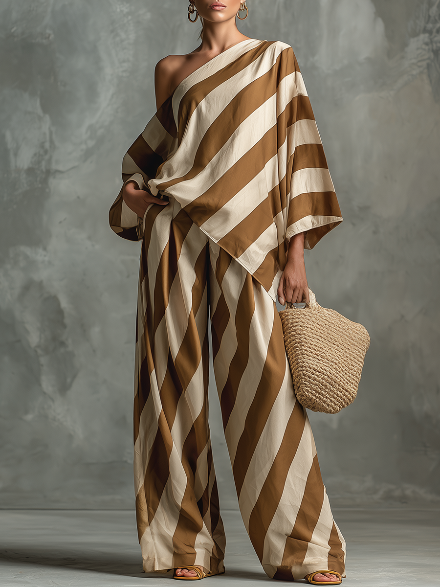 Lazy Chic Retro Striped Print Chiffon Top And Wide-Leg Pants Set