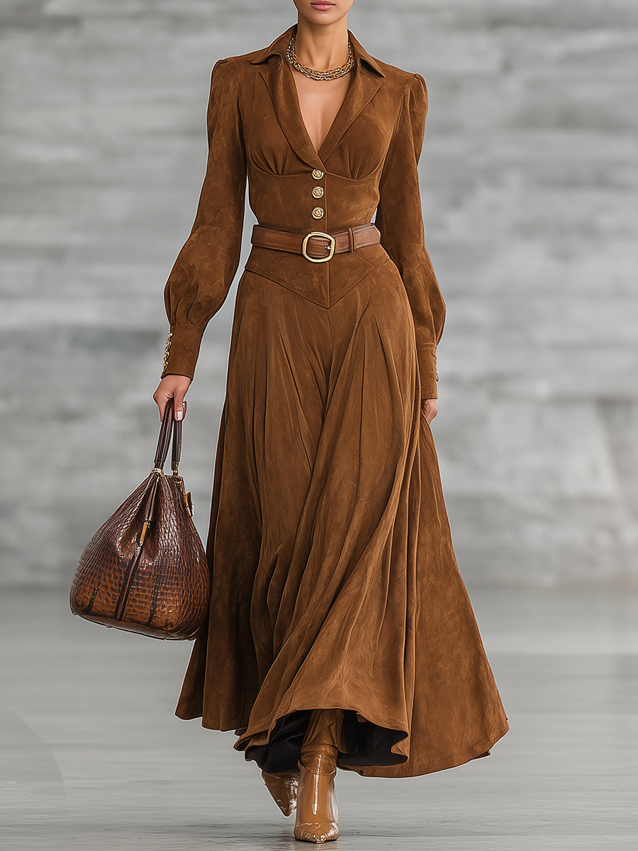 Western Brown Faux Suede Collar Button Maxi Dress