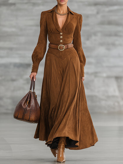 Western Brown Faux Suede Collar Button Maxi Dress
