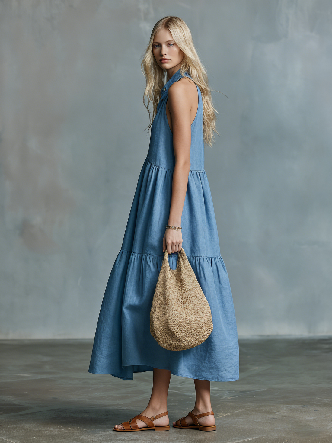Comfortable And Relaxed Sleeveless Stand-up Collar Button-down Maxi Dress