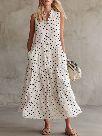 Casual Retro Black Polka Dot White Linen Sleeveless Shirt Dress